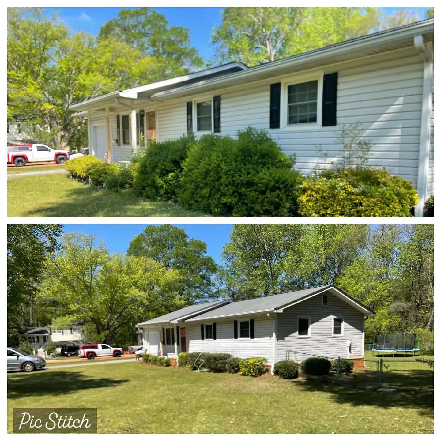 Overgrown shrubs trimmed back at a Marietta, GA home before and after