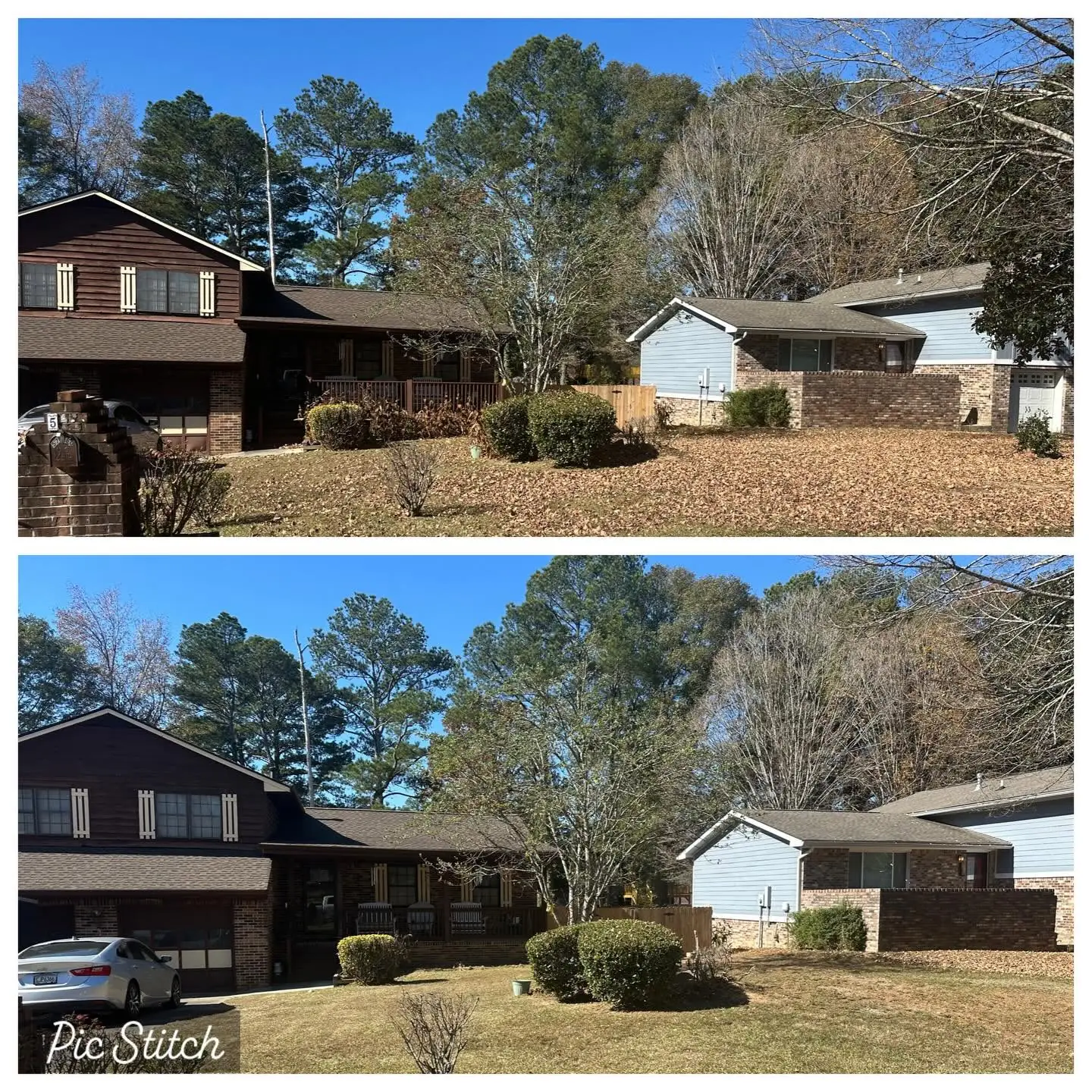 Fall leaf cleanup before and after at a Marietta, GA front yard